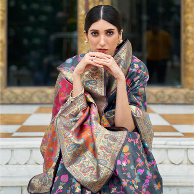 Grey Party Wear Woven Chanderi Saree