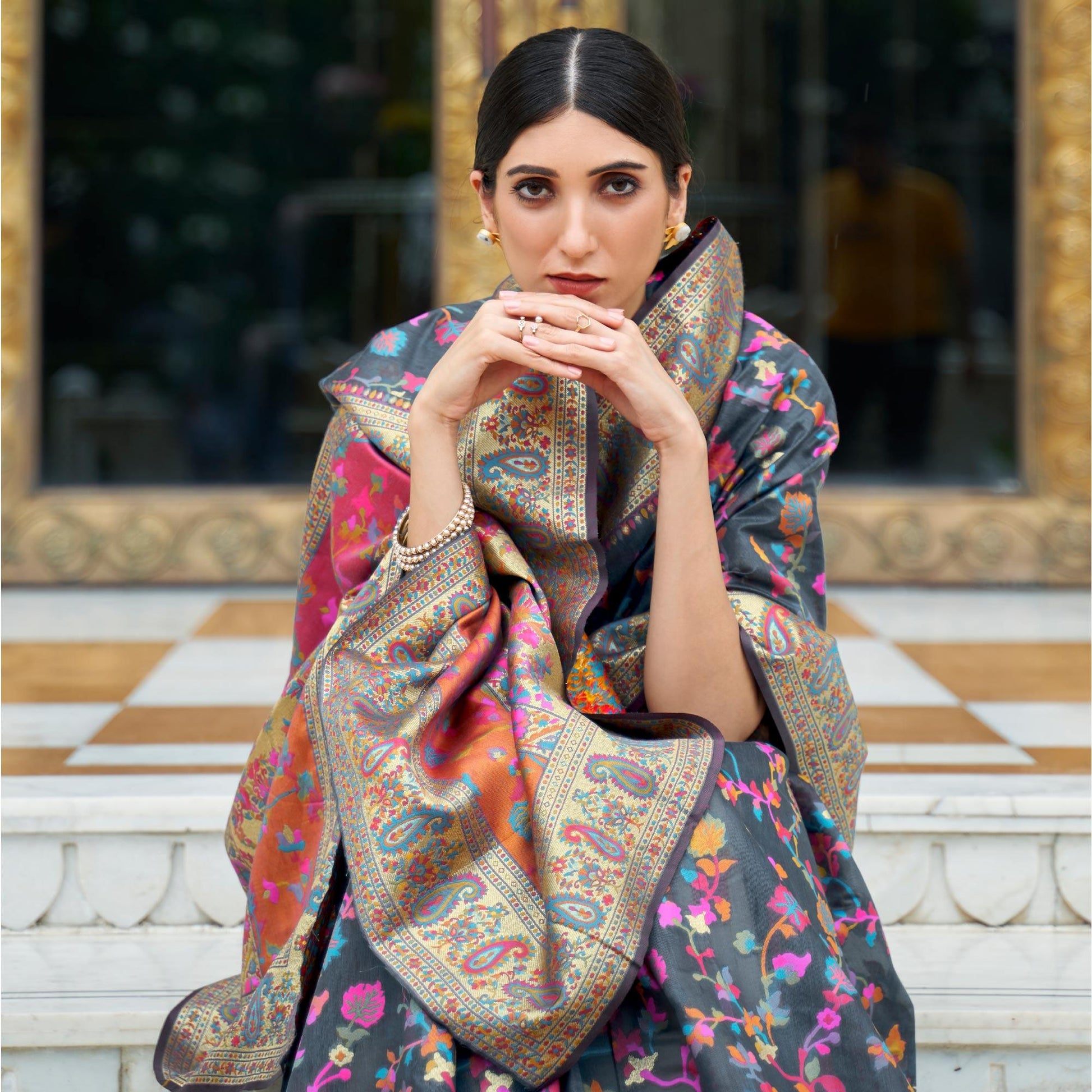 Grey Party Wear Woven Chanderi Saree