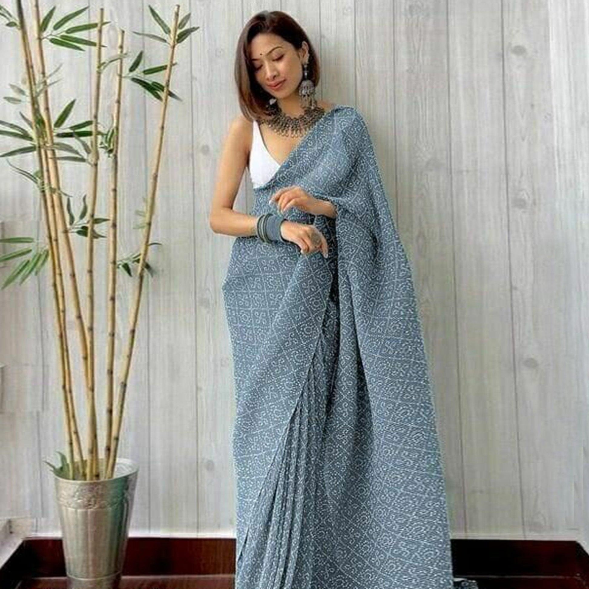 Grey Partywear Bandhani Printed Georgette Saree