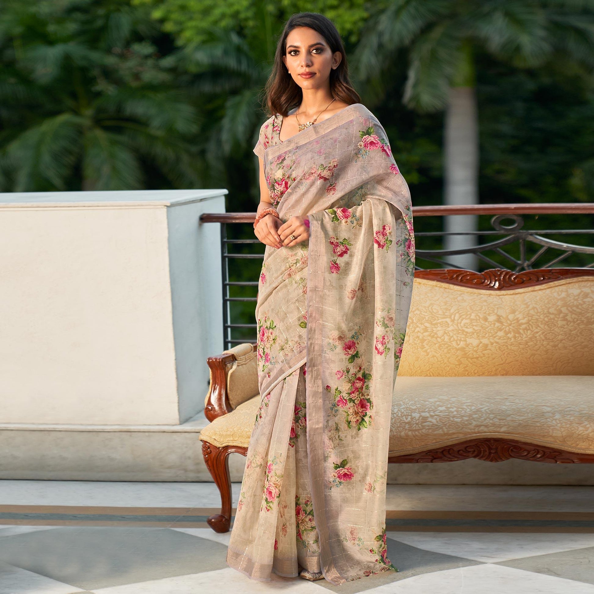 Grey Partywear Digital Printed & Sequins Woven Pure Linen Saree