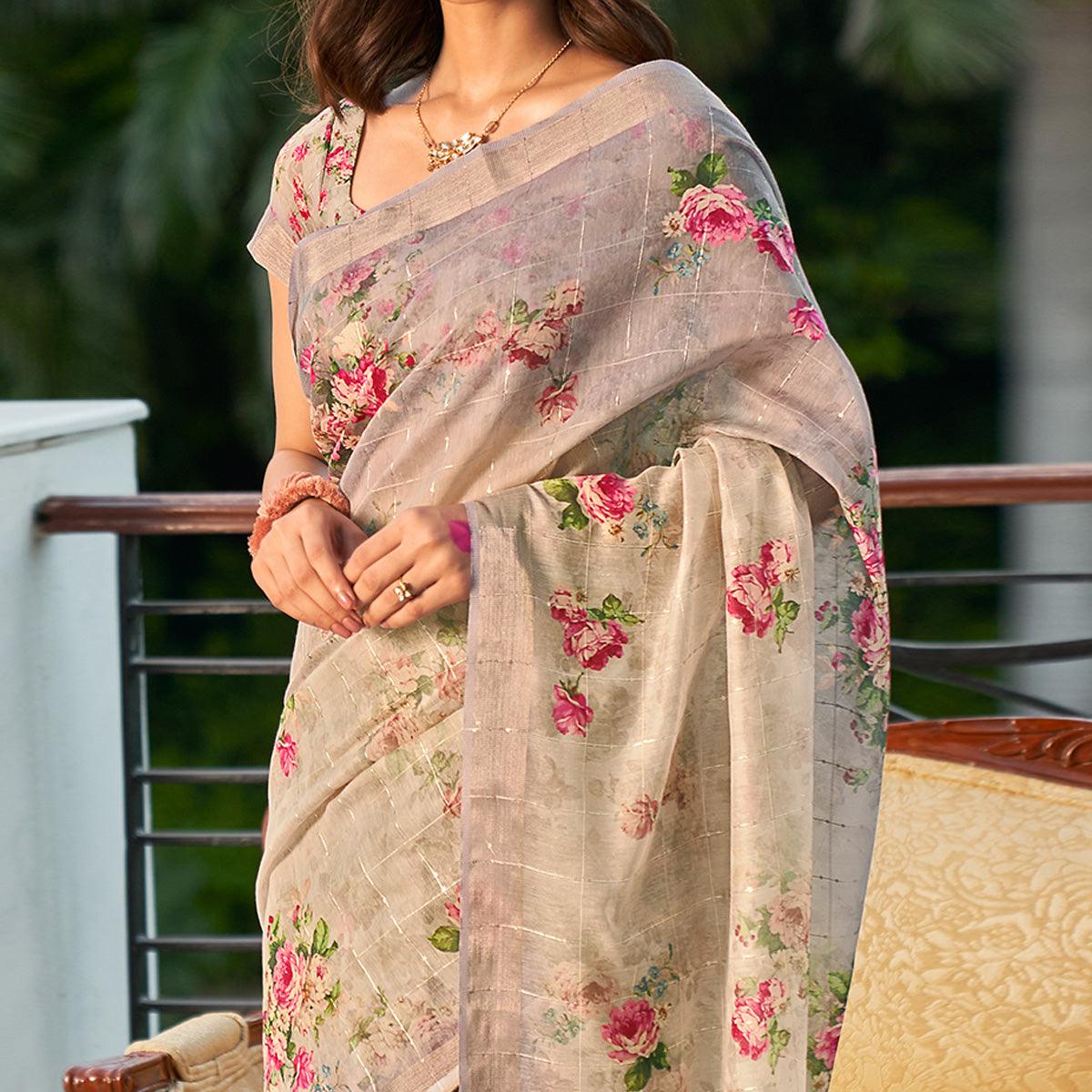 Grey Partywear Digital Printed & Sequins Woven Pure Linen Saree