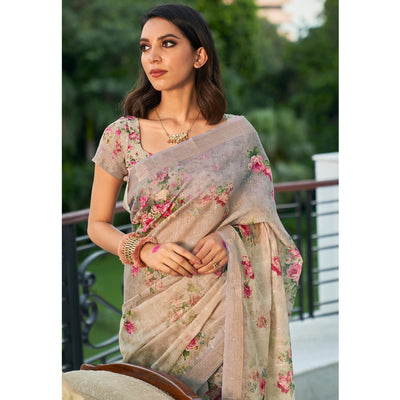 Grey Partywear Digital Printed & Sequins Woven Pure Linen Saree
