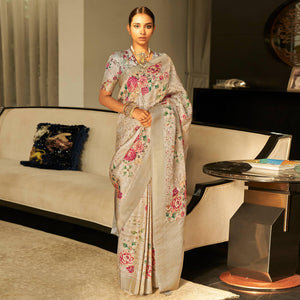 Grey Partywear Digital Printed Silk Saree