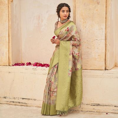 Grey Partywear Digital Printed Silk Saree