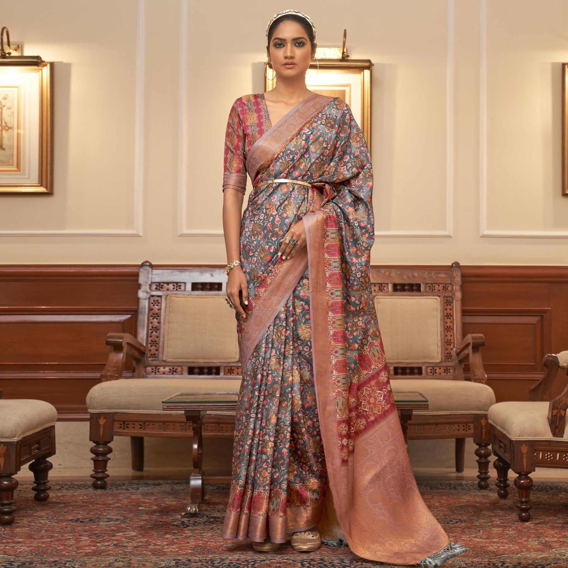 Grey Partywear Digital Printed Silk Saree