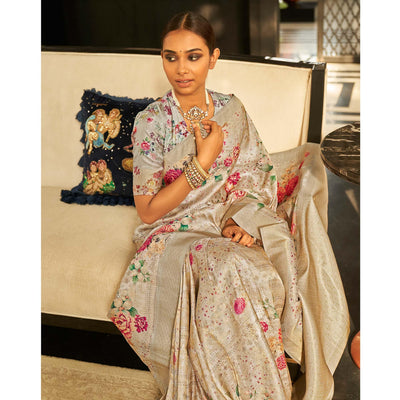 Grey Partywear Digital Printed Silk Saree