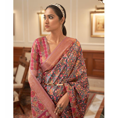 Grey Partywear Digital Printed Silk Saree