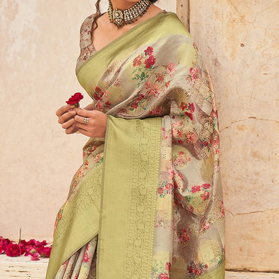 Grey Partywear Digital Printed Silk Saree