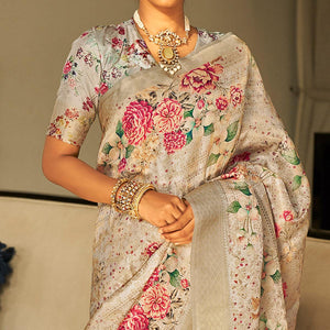 Grey Partywear Digital Printed Silk Saree