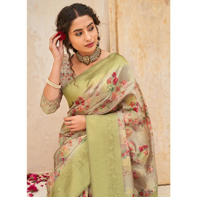 Grey Partywear Digital Printed Silk Saree