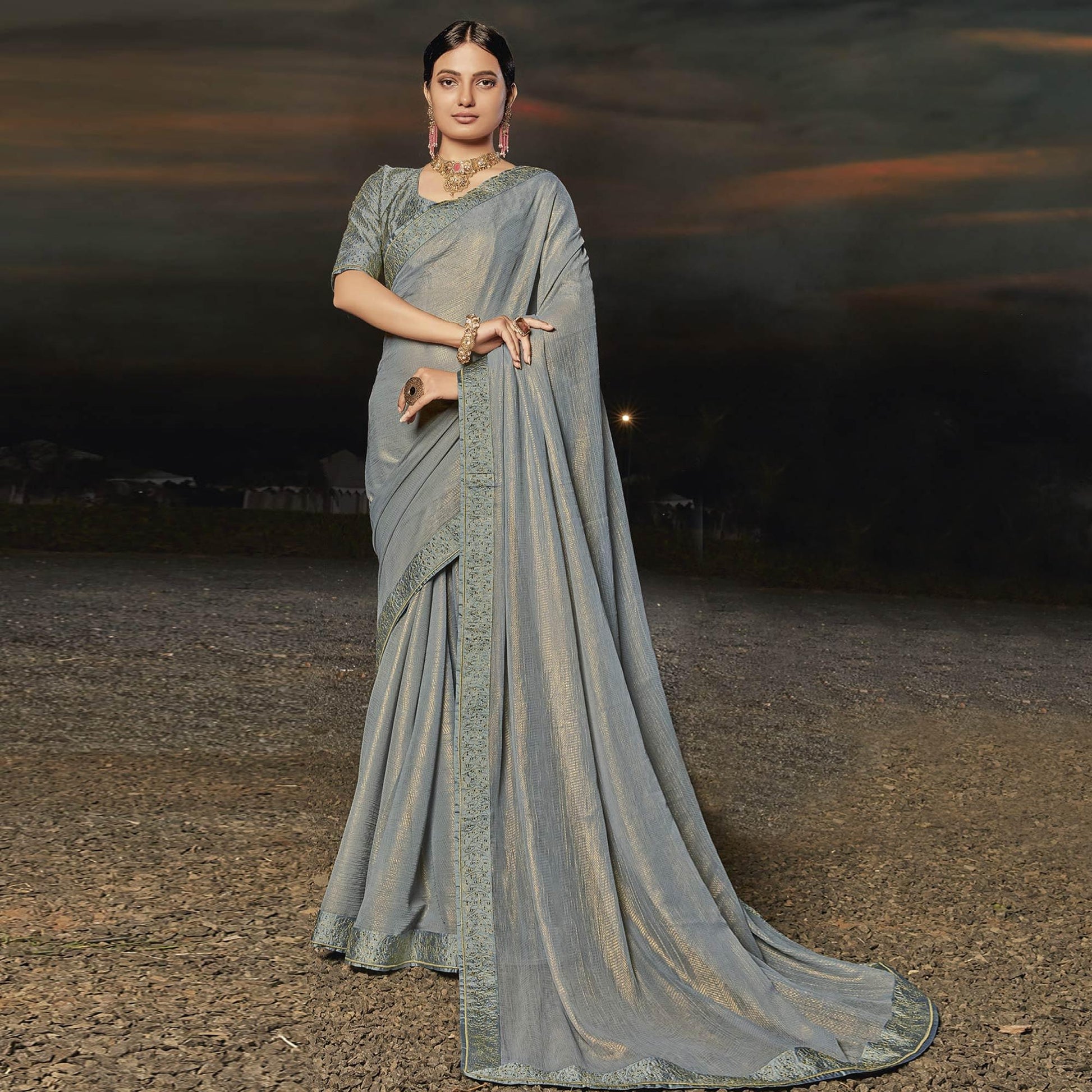 Grey Partywear Embellished Chiffon Saree