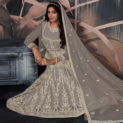 Grey Partywear Embellished With Embroidered Net Gown