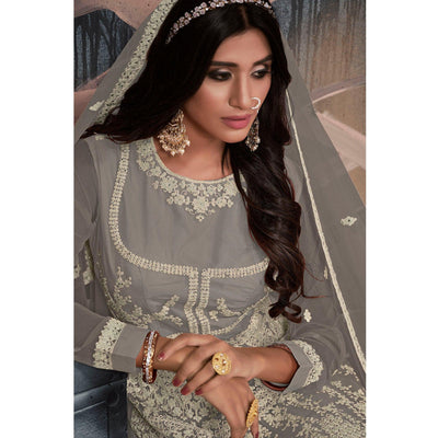 Grey Partywear Embellished With Embroidered Net Gown