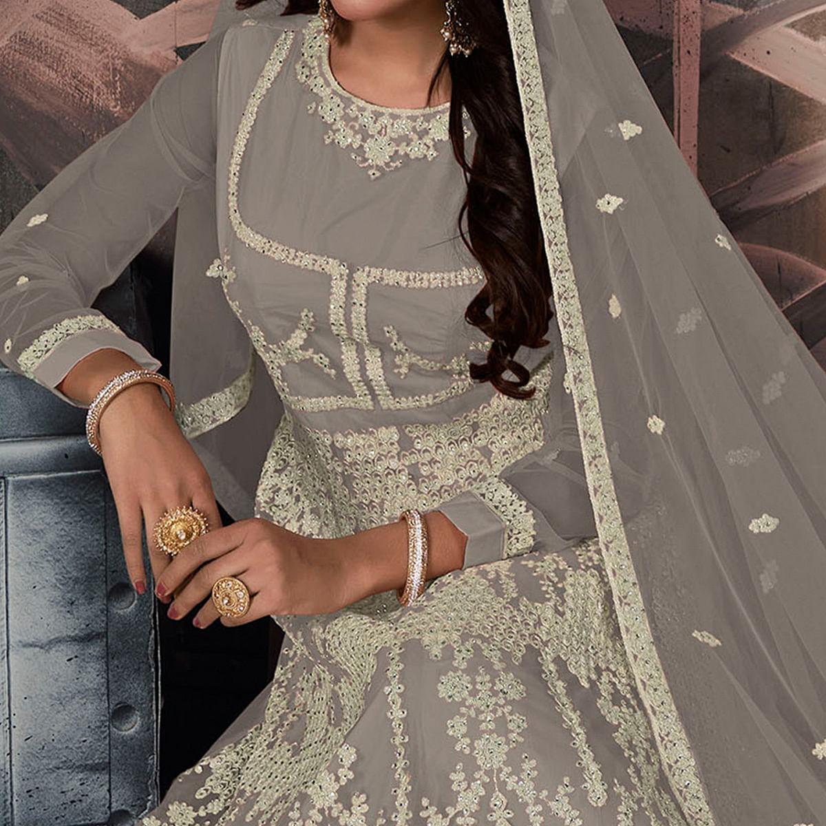 Grey Partywear Embellished With Embroidered Net Gown
