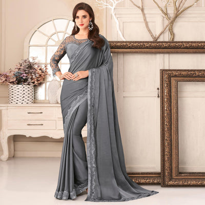 Grey Partywear Embroidered & Embellished Satin Saree