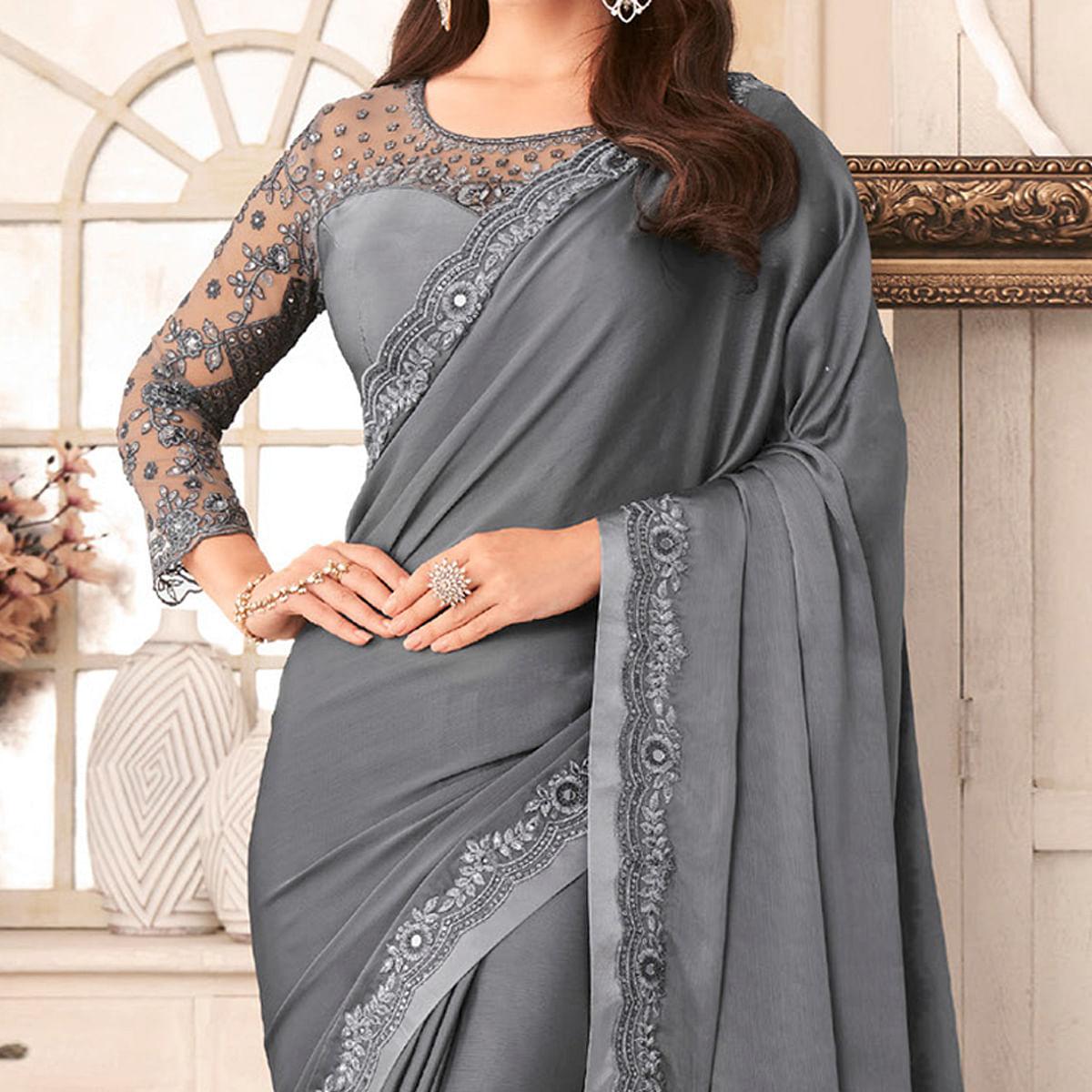 Grey Partywear Embroidered & Embellished Satin Saree