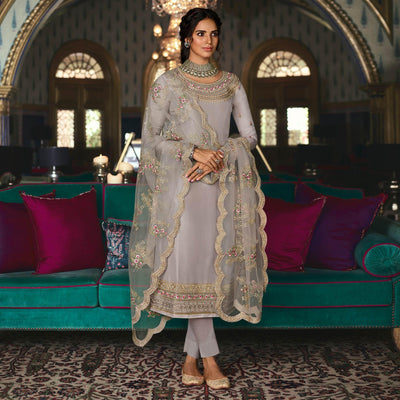 Grey Partywear Embroidered & Swarovski Work Pure Tusser Silk Suit