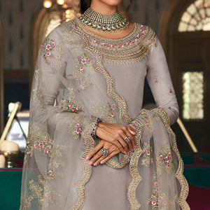 Grey Partywear Embroidered & Swarovski Work Pure Tusser Silk Suit