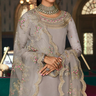 Grey Partywear Embroidered & Swarovski Work Pure Tusser Silk Suit