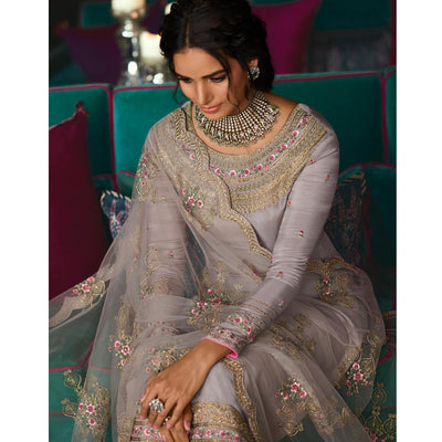 Grey Partywear Embroidered & Swarovski Work Pure Tusser Silk Suit