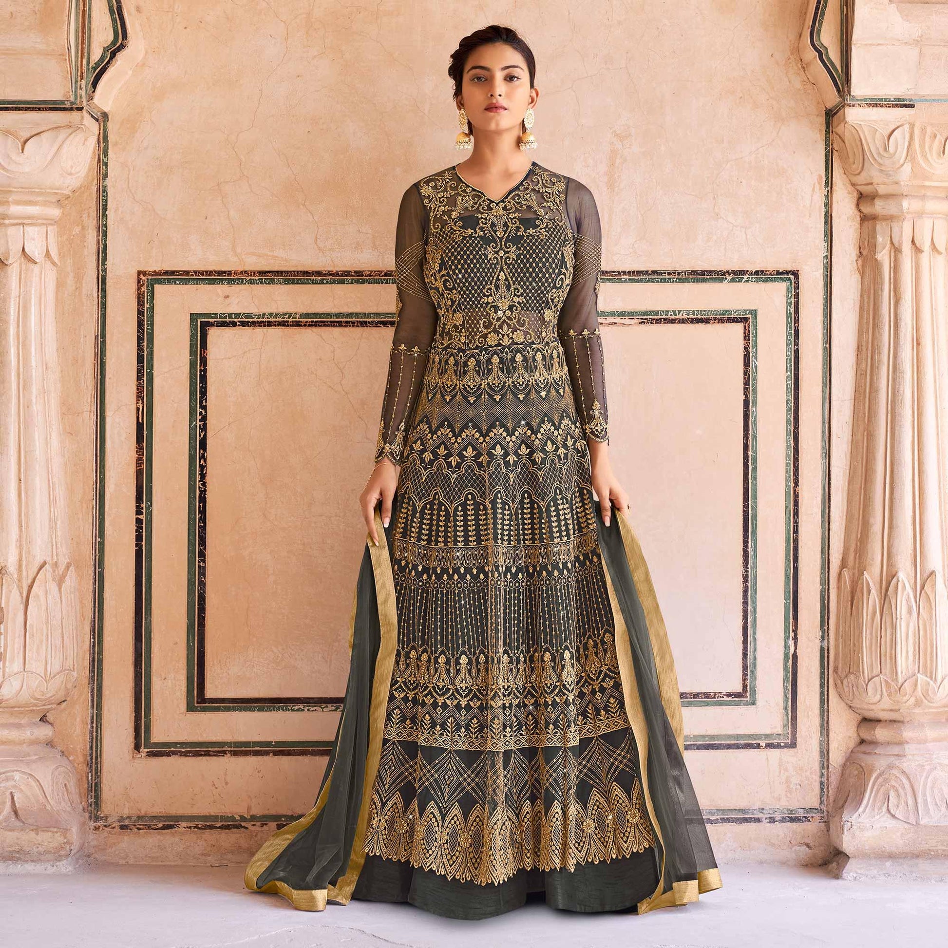 Grey Partywear Embroidered & Swarovski Work Soft Net Gown