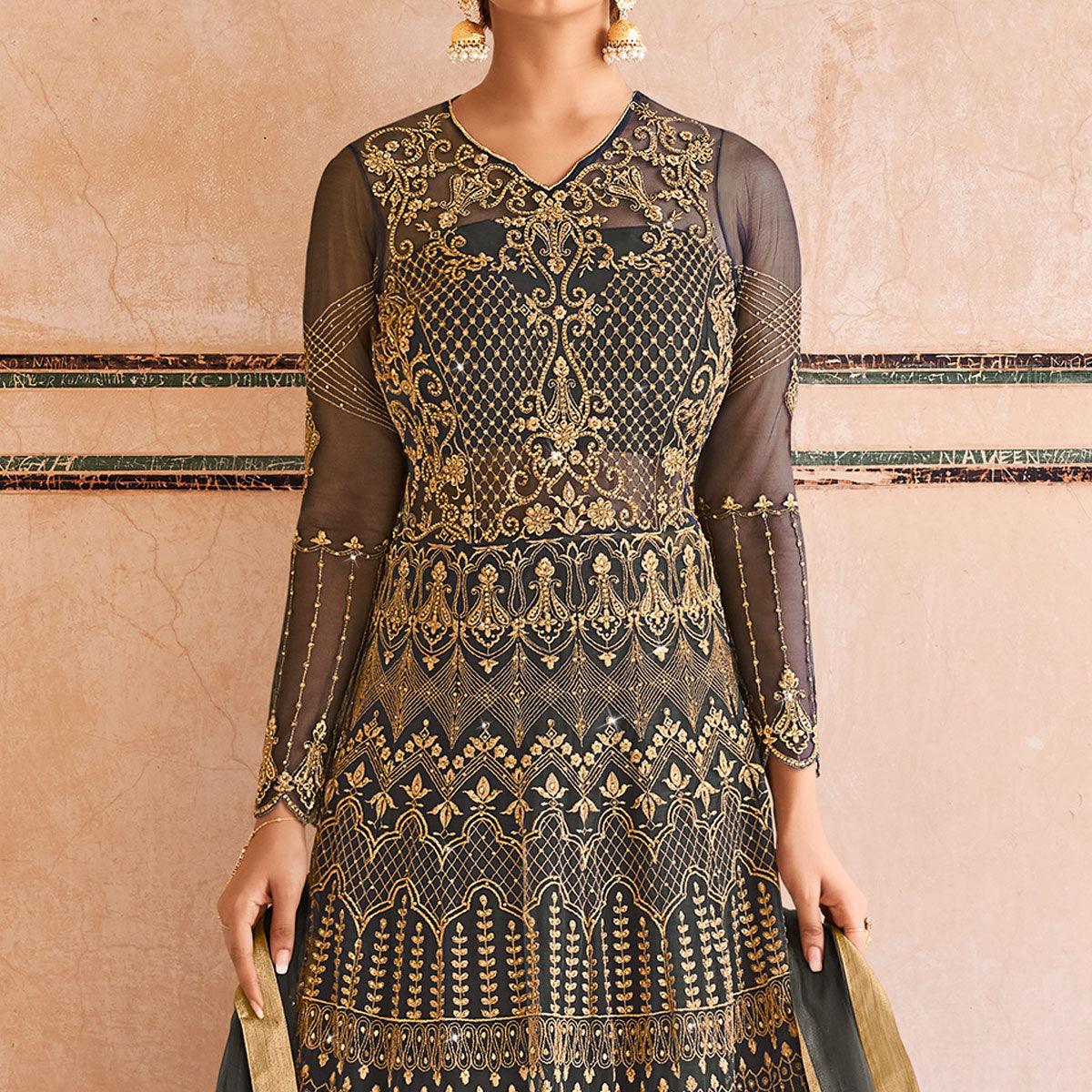 Grey Partywear Embroidered & Swarovski Work Soft Net Gown