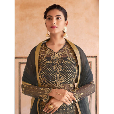 Grey Partywear Embroidered & Swarovski Work Soft Net Gown