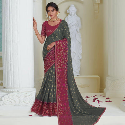 Grey Partywear Embroidered Chiffon Saree