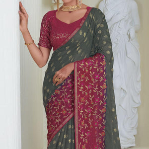 Grey Partywear Embroidered Chiffon Saree