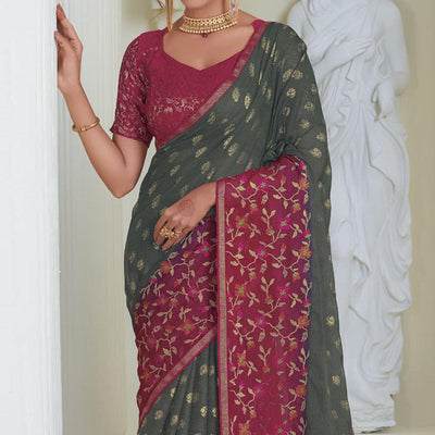 Grey Partywear Embroidered Chiffon Saree