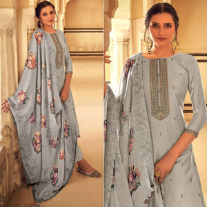 Grey Partywear Embroidered Cotton Silk Suit