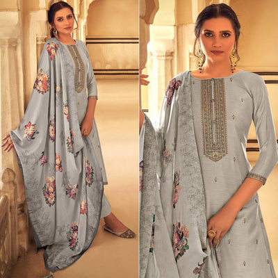Grey Partywear Embroidered Cotton Silk Suit
