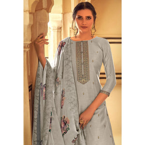 Grey Partywear Embroidered Cotton Silk Suit