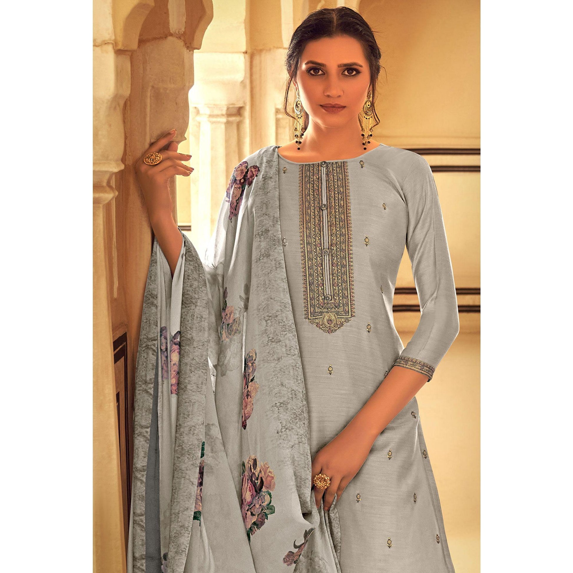 Grey Partywear Embroidered Cotton Silk Suit