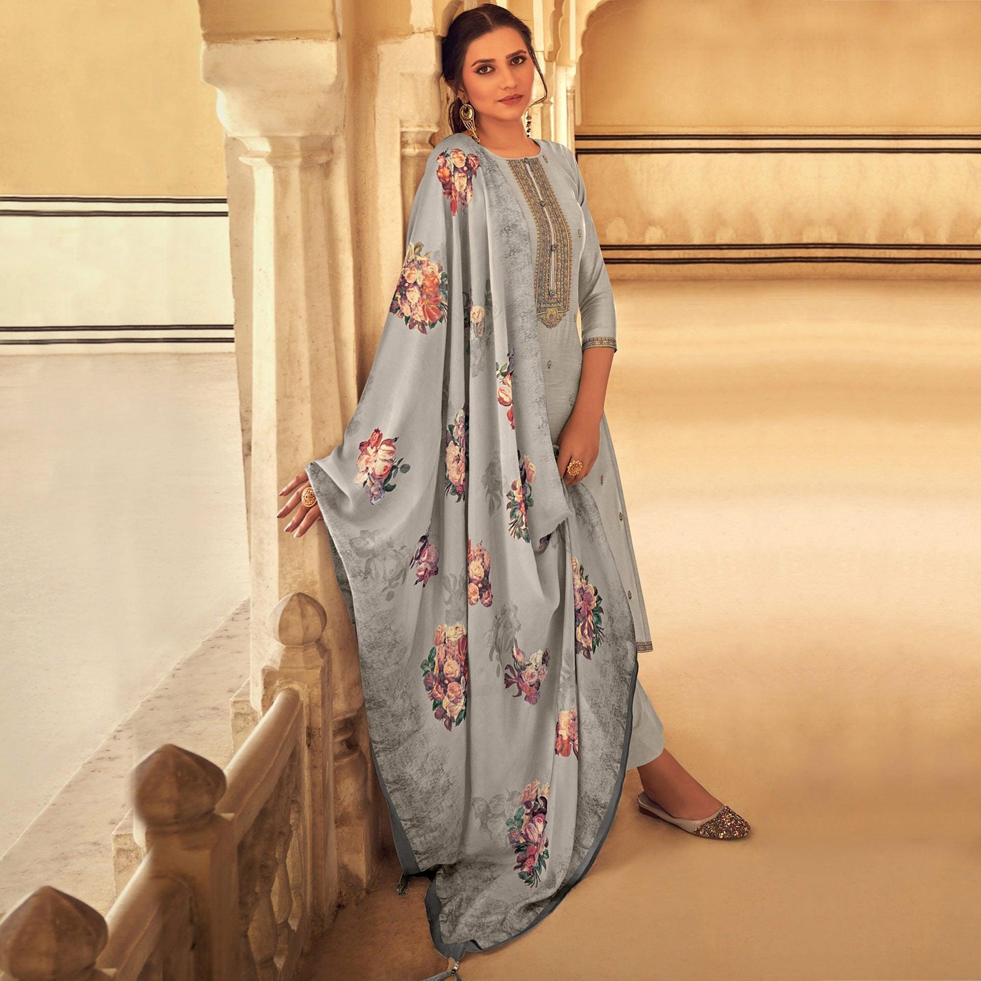 Grey Partywear Embroidered Cotton Silk Suit