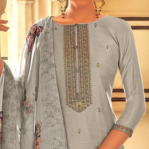 Grey Partywear Embroidered Cotton Silk Suit
