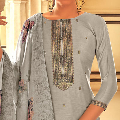 Grey Partywear Embroidered Cotton Silk Suit