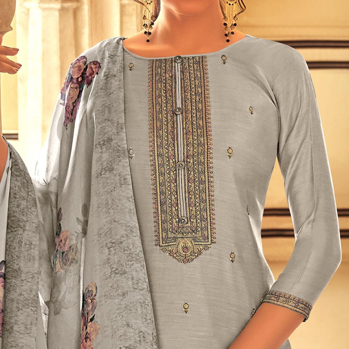 Grey Partywear Embroidered Cotton Silk Suit