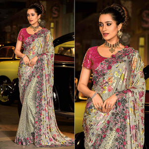Grey Partywear Embroidered Embellished Net Saree