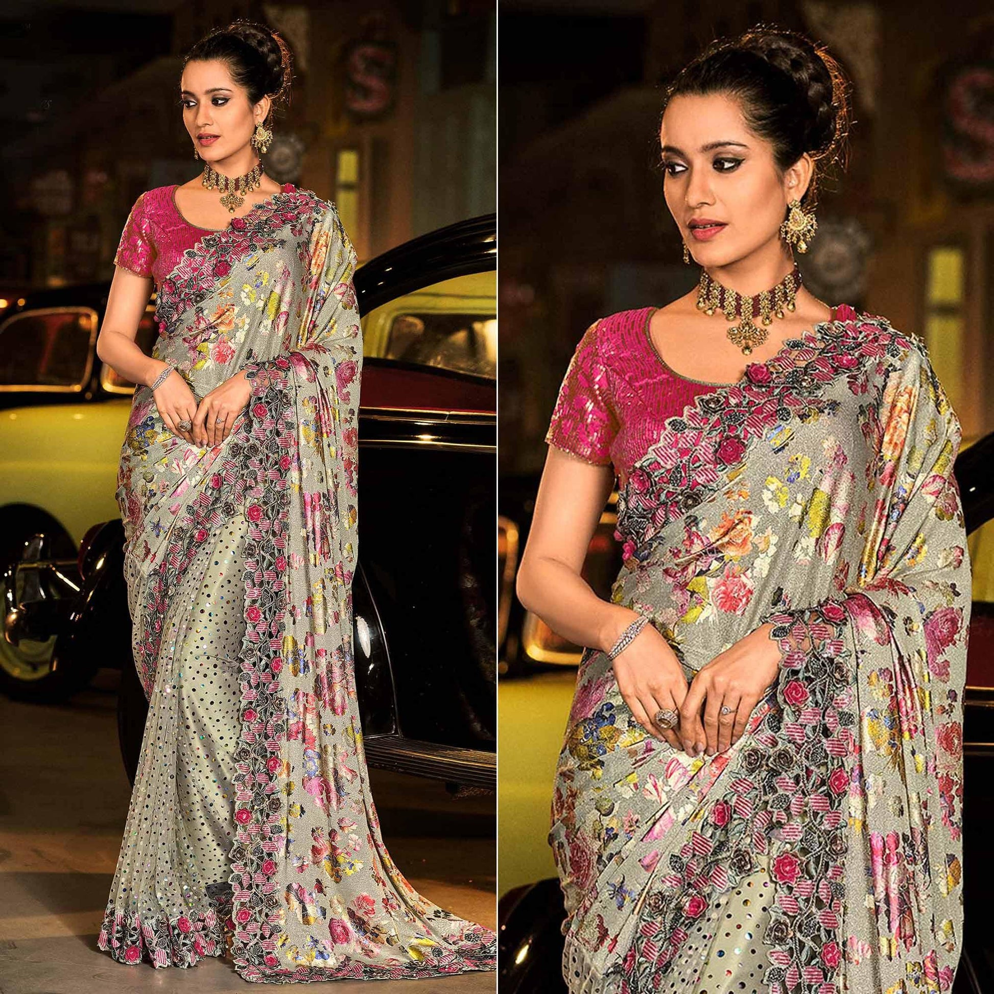 Grey Partywear Embroidered Embellished Net Saree