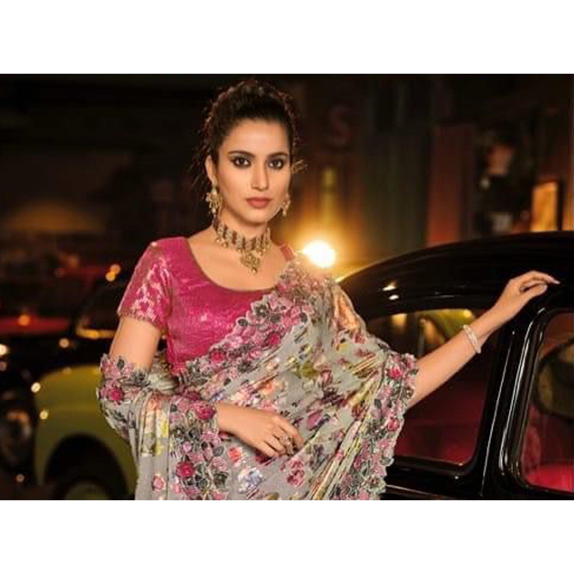 Grey Partywear Embroidered Embellished Net Saree