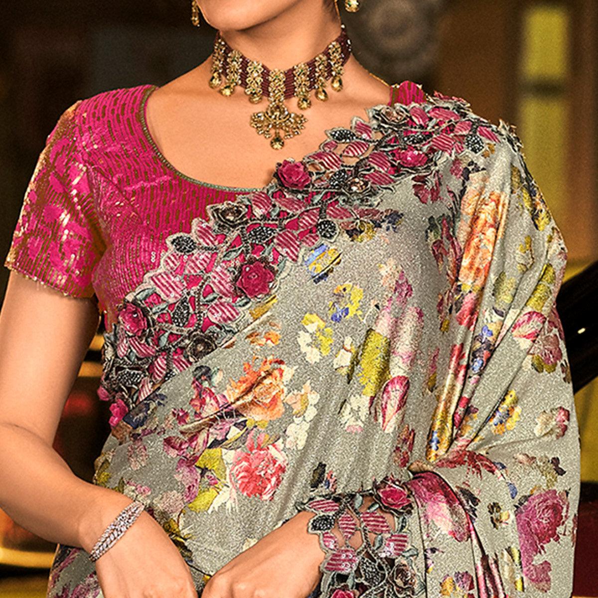 Grey Partywear Embroidered Embellished Net Saree
