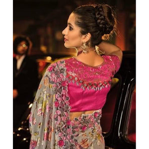 Grey Partywear Embroidered Embellished Net Saree