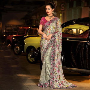 Grey Partywear Embroidered Embellished Net Saree