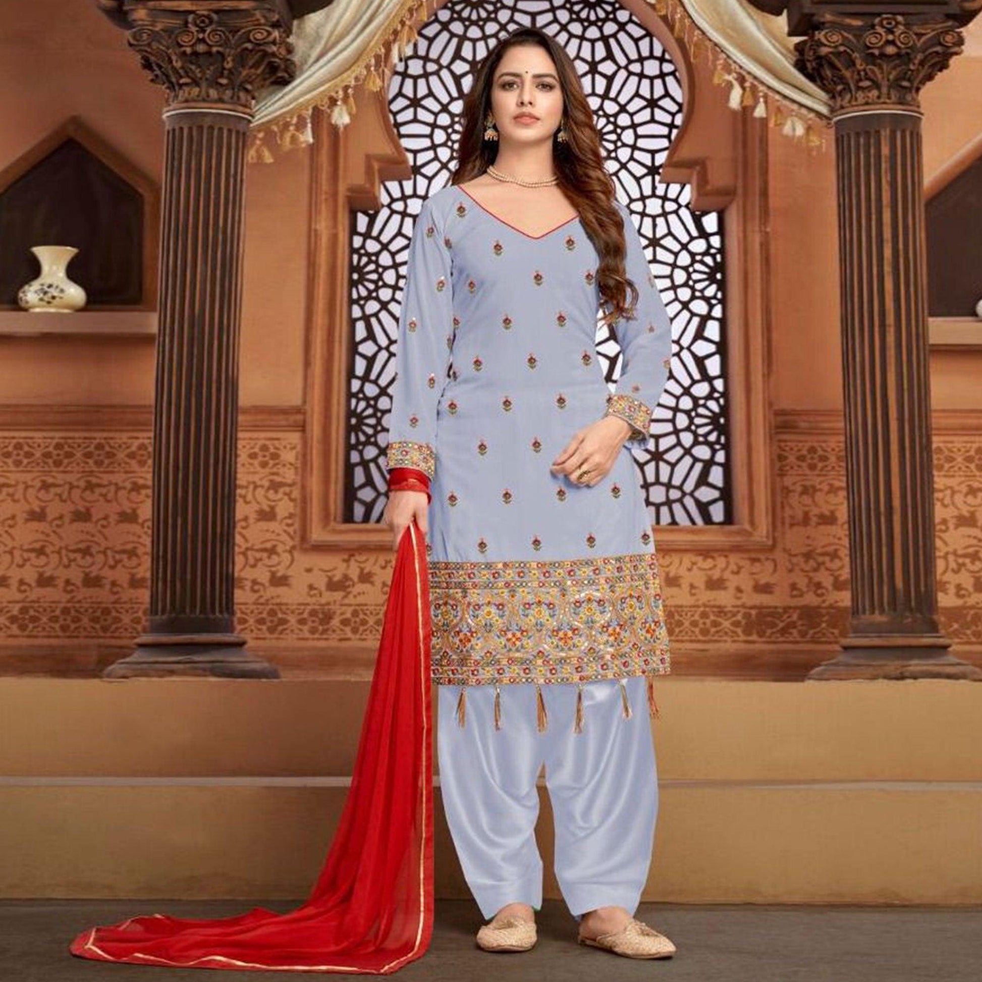 Grey Partywear Embroidered Faux Georgette Patiala Suit