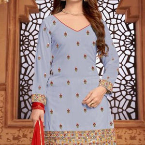 Grey Partywear Embroidered Faux Georgette Patiala Suit