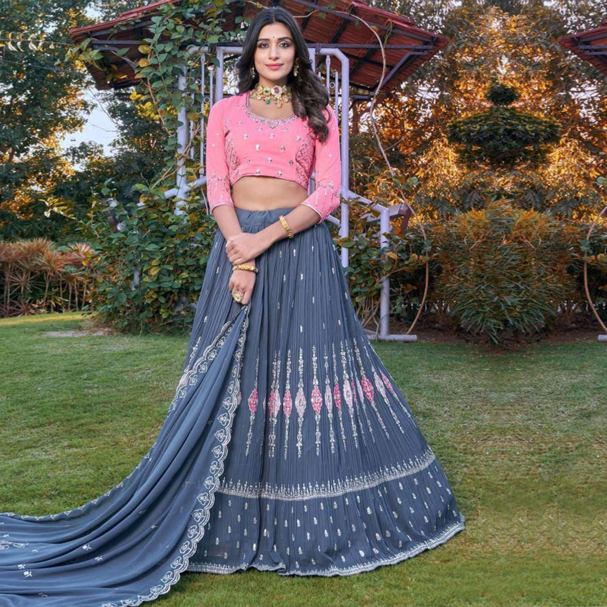 Grey Partywear Embroidered Georgette Lehenga Choli