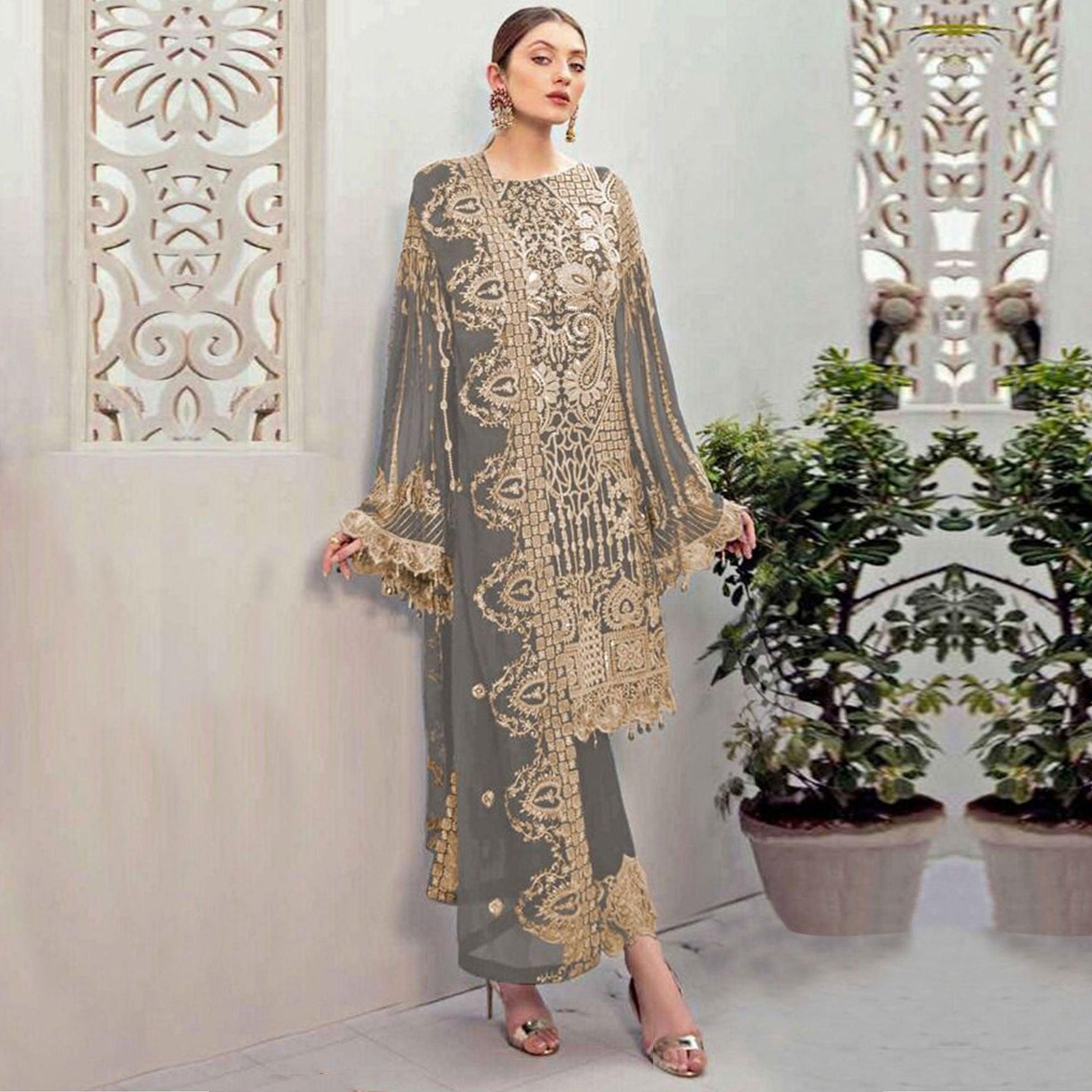 Grey Partywear Embroidered Georgette Pakistani Suit
