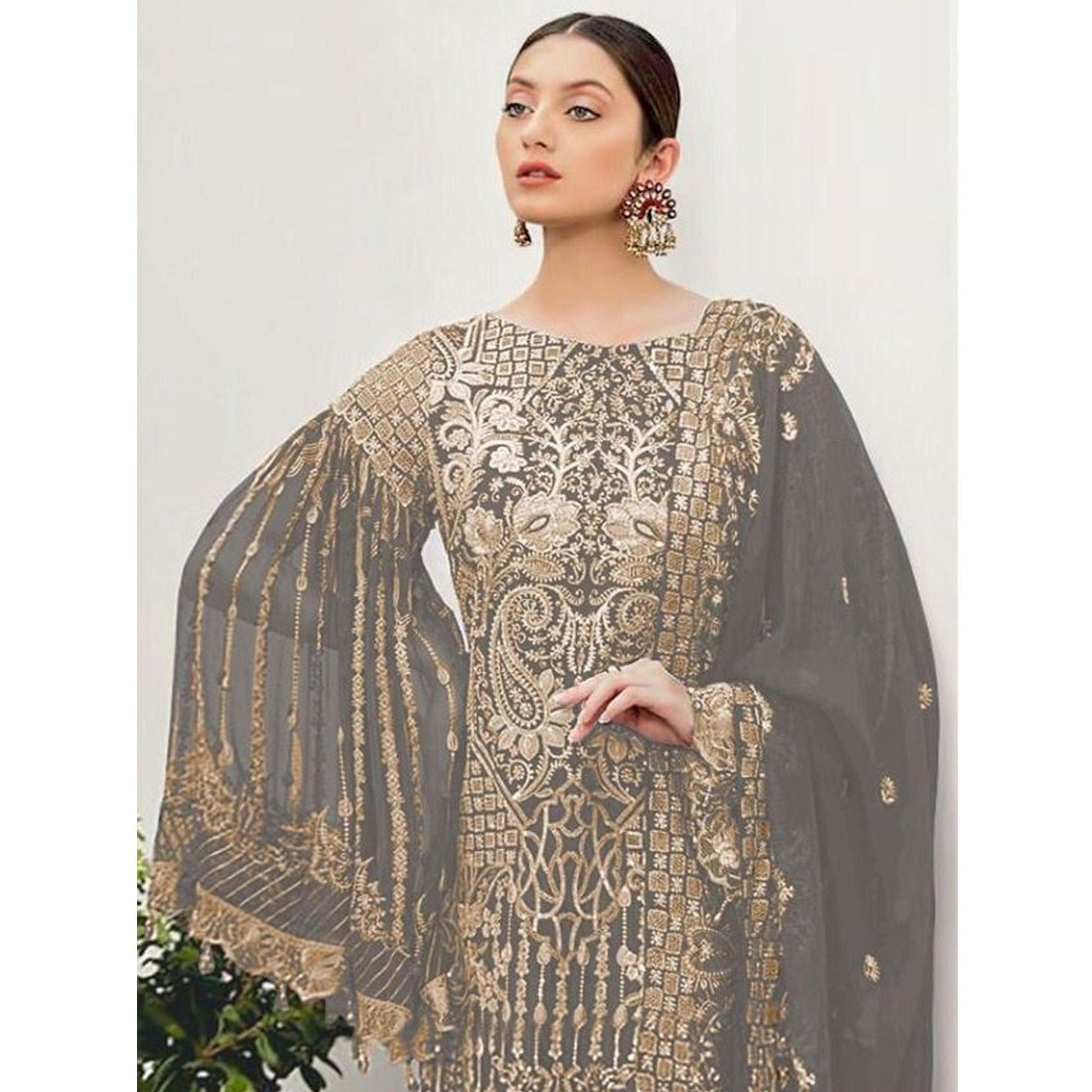 Grey Partywear Embroidered Georgette Pakistani Suit