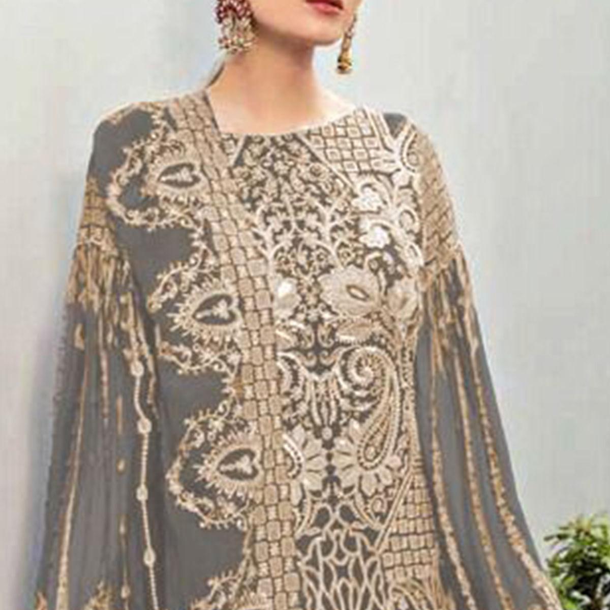 Grey Partywear Embroidered Georgette Pakistani Suit